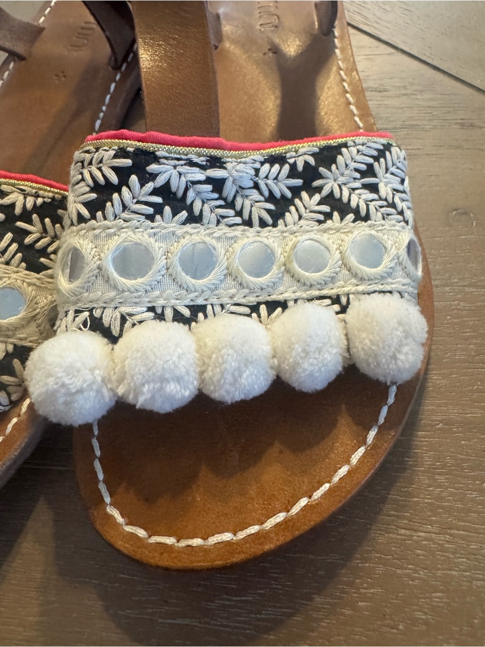 Anthropologie DVLPMNT Brown Genuine Leather Pom-Pom & Embroidered Sandals - Picture 4 of 14
